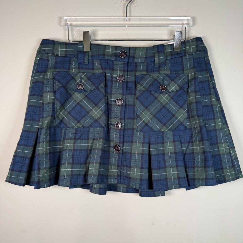 American Eagle NWT Navy/Green Plaid Pleated Mid Rise Mini Skirt Academia Preppy